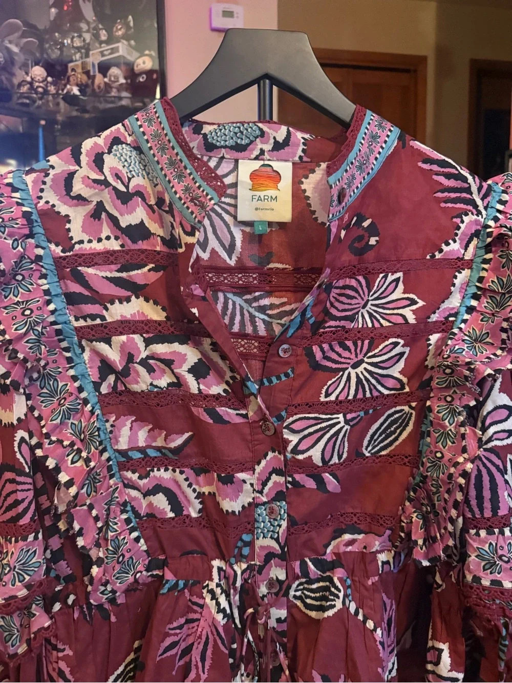 FARM Rio Maroon Floral Ruffle Button-Front Blouse